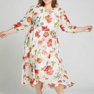 Lane Bryant 20 NWT Floral Dress Semi Sheer Faux Wrap Swiss Dot Ivory V Neck New